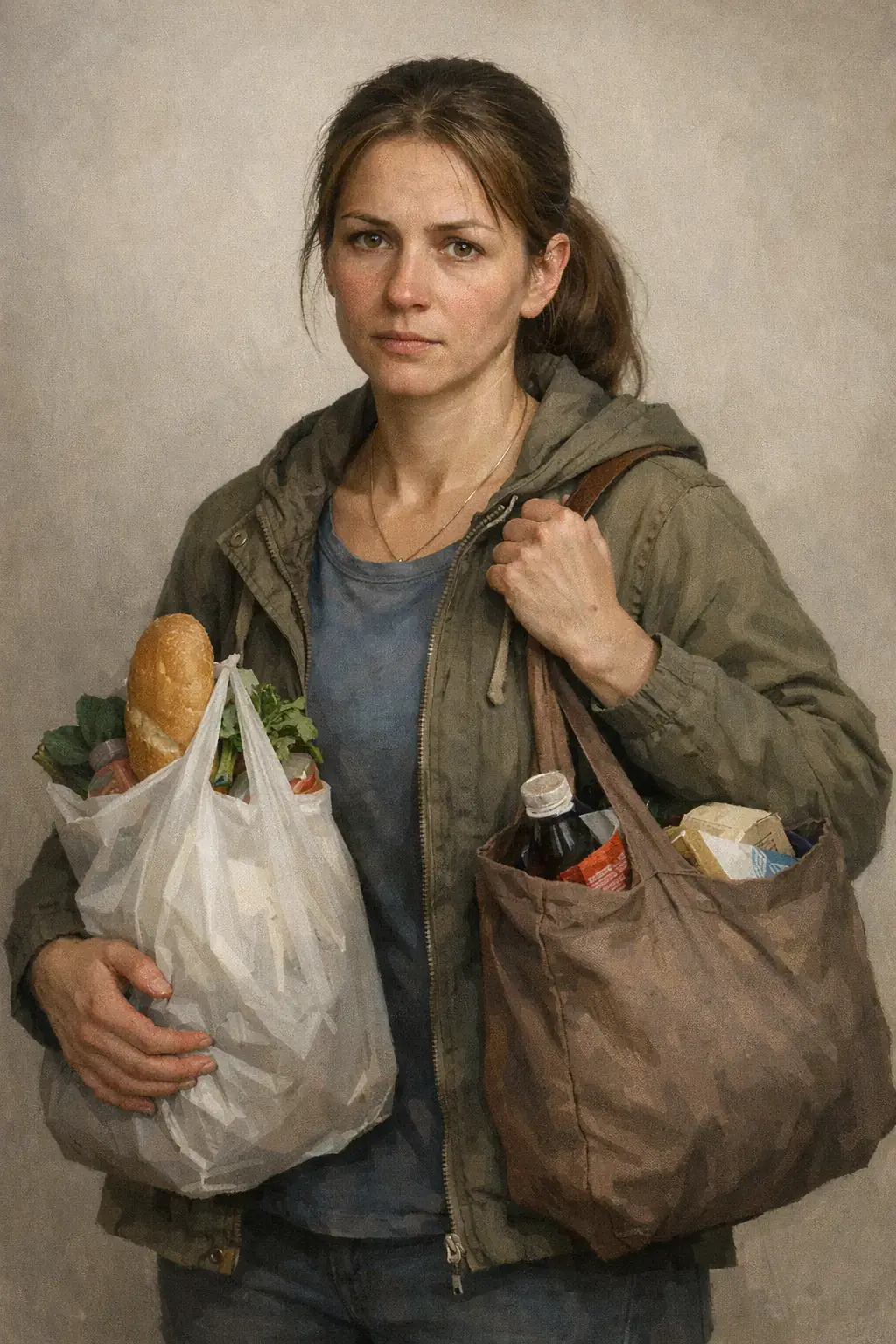 Верхняя. 2 работы, дети, мечтает не о лимузине, а занять сидячее место в маршрутке. Знает все скидки в Магните. Отпуск — это съездить к маме